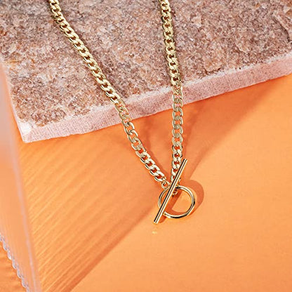 CHESKY 14K Gold Plated Layered Chain Necklace for Women | Trendy Cuban Link Chain, Chunky Paperclip Chain, Toggle Clasp Necklace, Fashion Gold Jewelry, Daily Gift for Women - style: Toggle+Bar