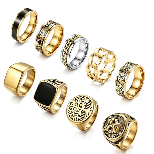 SONNYX 9Pcs Stainless Steel Vintage Signet Rings for Men, Size 7-13 | Square Signet Rings Pinky Engraved Ring Thumb Retro Band Spinner Ring Silver Gold Plated Mens Finger Ring Biker Rings Set - color: Gold