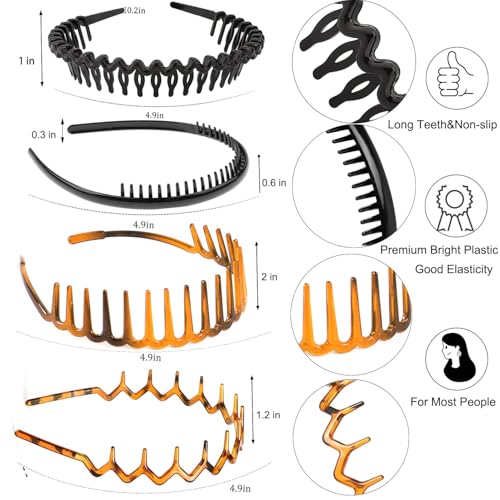 ULTIMUTE 8 PCS Fashion Effortless Plastic Headbands with Teeth Comb Black Skinny Headbands No Slip Hair Accessories Bands for Women Men Teen Girls, Amber&Bright Black - color: Amber&Bright Black