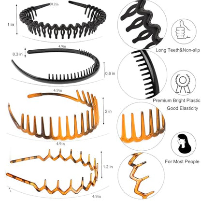 ULTIMUTE 8 PCS Fashion Effortless Plastic Headbands with Teeth Comb Black Skinny Headbands No Slip Hair Accessories Bands for Women Men Teen Girls, Amber&Bright Black - color: Amber&Bright Black