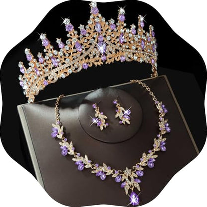 Kamirola Tiaras and Crowns for Women,Tiaras Earrings Necklace, Crystal Bridal Jewelry Set, Costume Jewelry for Women Party Halloween Prom Pageant - color: GOLD PURPLE