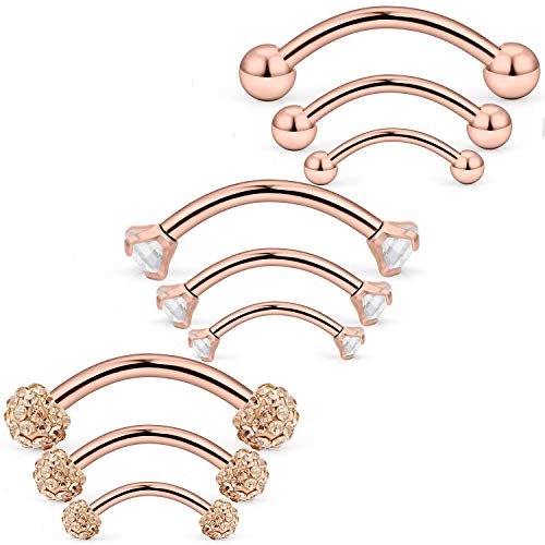 Eyebrow Barbell 16G Surgical Steel Rings with Clear Diamond CZ Curved Barballs Body Piercing Jewelry for Women Men 6mm 8mm 10mm 9 Pieces - color: C: 9Pcs-16G-Rose Gold