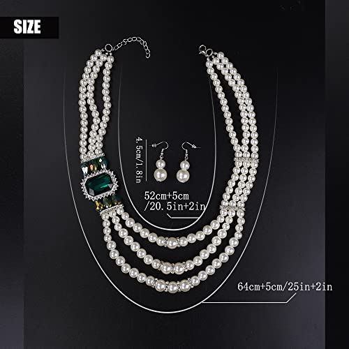 Aimimier 1920s 3-layered White Faux Pearl Necklace and Earrings Set with Crystal and Rhinestone Bridal Long Pearl Necklace Statement Women Jewelry - color: Emerald