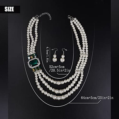 Aimimier 1920s 3-layered White Faux Pearl Necklace and Earrings Set with Crystal and Rhinestone Bridal Long Pearl Necklace Statement Women Jewelry - color: Emerald