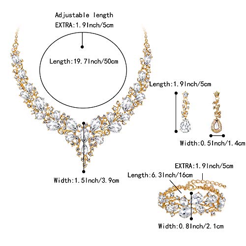 Wedding Bridal Jewelry Set for Women Bride Bridesmaids | Gorgeous Austrian Crystal Teardrop Cluster Statement Necklace Dangle Earrings Link Bracelet Set Prom Jewellery - color: 07-Clear Gold-Plated-Base