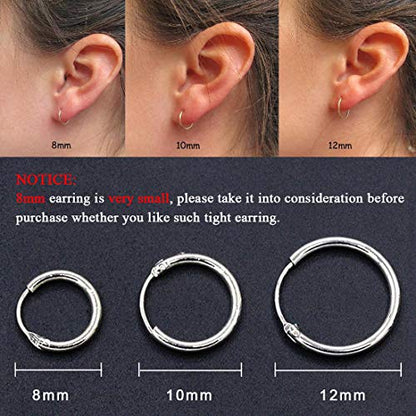 EPIRORA Sterling Silver Hoop Earrings for Women Men, Hypoallergenic Cartilage Earring Endless Small Hoop Earrings Set, 3 Pairs Tragus Earrings (8mm/10mm/12mm) - style: 1# 3 Pairs(8/10/12mm)