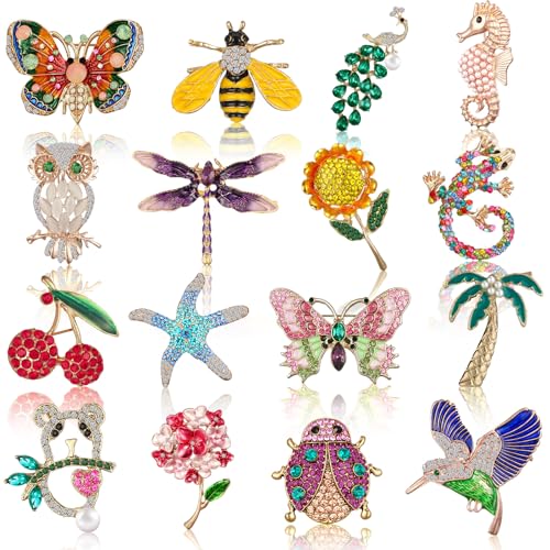 Sasylvia 16 Pcs Women Brooch Set Rhinestone Vintage Animal Insect Plant Pins Brooches Bulk for Christmas Women Girls Gifts - style: Nature
