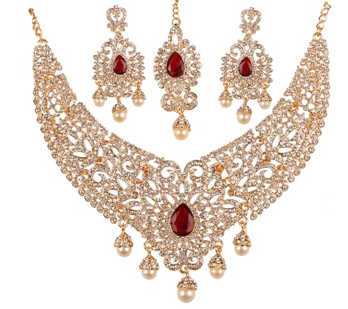 Touchstone Indian jewelry sets for women tikka wedding necklace costume guest statement bollywood rhinestones crystal faux pearls gold big royal neck piece set bridal fashion accessories - color: 1 Red in Center