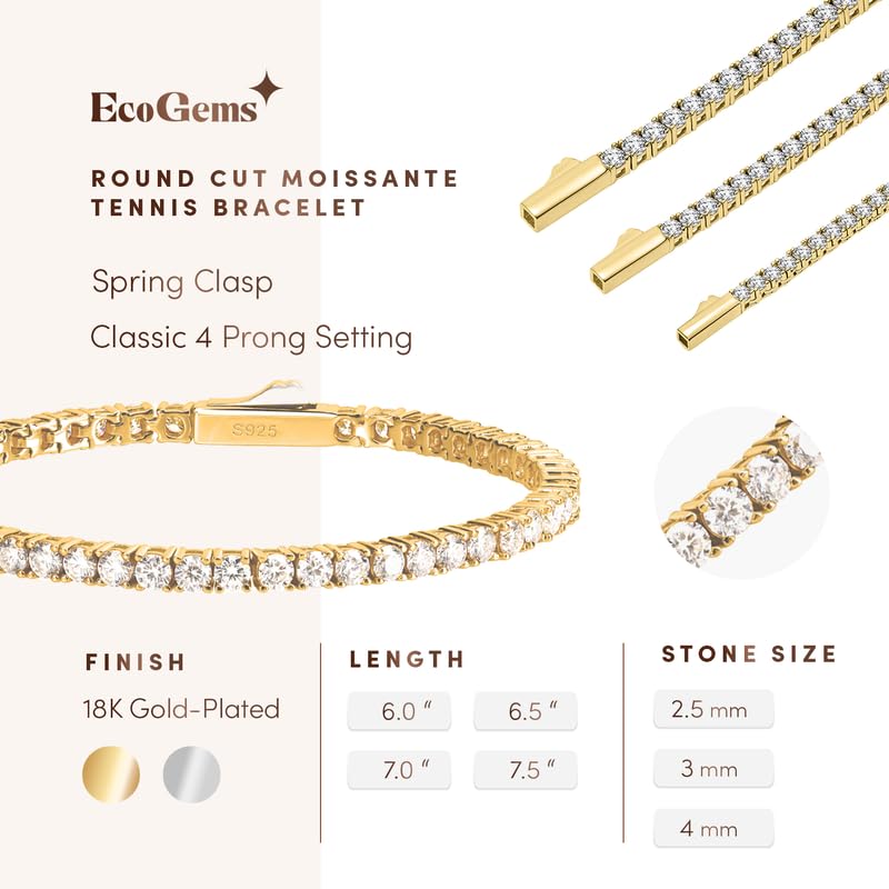 Moissanite Tennis Bracelet, 2.15-14.50 CTTW, 18K Gold Plated, 6-7.5 in | Round Brilliant Cut, 4 Prong Setting, Secure Box Clasp, 925 Sterling Silver, No Nickel or Lead, Gift for Men & Women