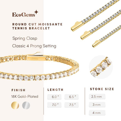 Moissanite Tennis Bracelet, 2.15-14.50 CTTW, 18K Gold Plated, 6-7.5 in | Round Brilliant Cut, 4 Prong Setting, Secure Box Clasp, 925 Sterling Silver, No Nickel or Lead, Gift for Men & Women