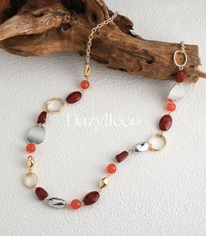 Long Gold Boho Necklaces for Women Beaded Statement Chain Long Necklace Gold Costume Jewelry Birthday Gifts for Her - color: 93-Dark Red