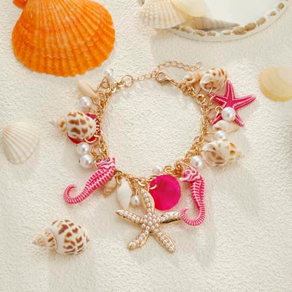RUOFFETA Shell Starfish Necklace Bracelet Conch Statement Chunky Necklace Mermaid Costume Jewelry Beach Jewelry for Women - style: Anklet Hot Pink