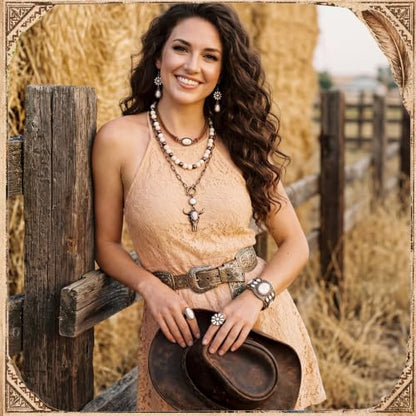 Ecally Bohemian Western Jewelry Turquoise Set Women Country Pendant Long Choker Layered Bracelets Earrings Ring for Women - color: White, style: Retro