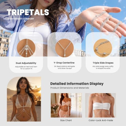 Silver Body Chain Jewelry for Women, Rhinestone Bikini Bra Chest Chain | Waterproof Sexy Body Necklace for Summer Beach Party Festival Wear