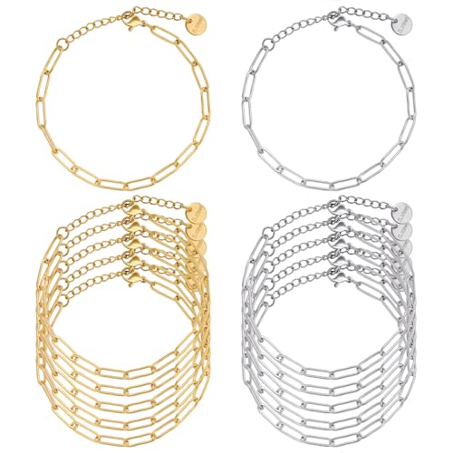UMAOKANG 12PCS Stainless Steel Adjustable Paperclip Chain Bracelet Kit | 6.5Inch 6PCS Gold + 6PCS Silver Charm Bulk Bracelets Permanent Hand Chain for Men and Women - color: 6pcs Gold+6pc Steel