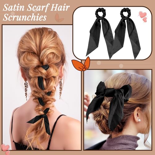 MTLEE 12 Pcs Hair Accessories for Women Hair Bows Scrunchies Scarf Ties Bunny Ears Silk Satin Scrunchies Ribbons Scarf Ties with Bows for Women Lady(Black) - color: Black