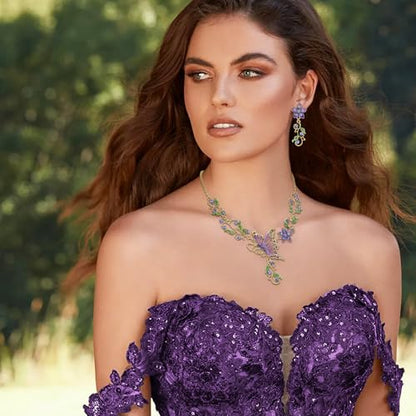 EleQueen Women's Crystal Butterfly Flower Leaf Necklace Earrings Set | Crystal Jewelry Set for Brides Bridesmaids, Necklace Set for Party - color: Gold-Tone Purple
