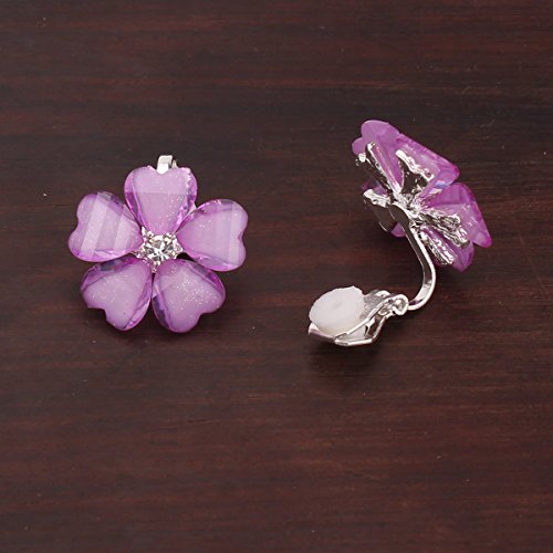 Silver Plated or Gold Plated Opal Flower Shape Clip on Earrings Non Piercing for Women - color: Purple