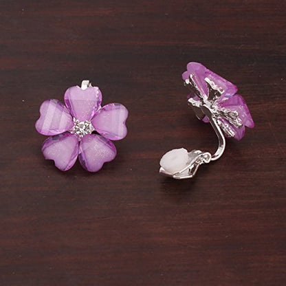 Silver Plated or Gold Plated Opal Flower Shape Clip on Earrings Non Piercing for Women - color: Purple