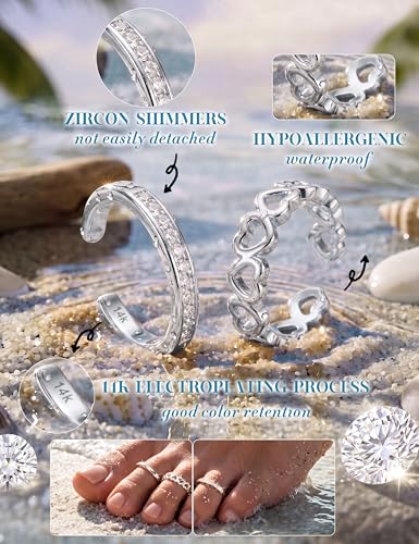 FASACCO 9Pcs 14K Gold Filled Toe Rings Non Tarnish Toe Rings for Women | Adjustable Open Band Ring, Silver Plated Toe Ring, Waterproof Summer Beach Foot Jewelry - color: Silver-Row