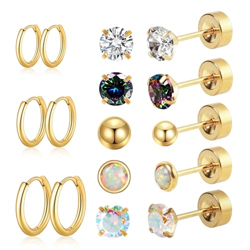 Surgical Steel Earrings for Sensitive Ears Hypoallergenic 20G Stainless Steel Stud Hoop Earrings for Women Men Small Opal Ball CZ Surgical Steel Flat Back Earrings Cartilage Earrings Hoop Stud - color: Gold