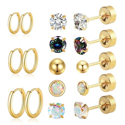 Surgical Steel Earrings for Sensitive Ears Hypoallergenic 20G Stainless Steel Stud Hoop Earrings for Women Men Small Opal Ball CZ Surgical Steel Flat Back Earrings Cartilage Earrings Hoop Stud - color: Gold