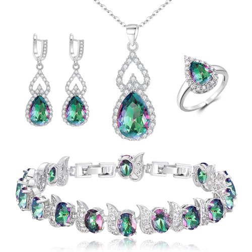 Wedding Jewelry Set for Women Bride Bridesmaid | Gorgeous Cubic Zirconia Teardrop Necklace Earrings Bracelet Adjustable Ring Jewelry Gift for Birthday/Anniversary - color: 16-Vitrail Light Silver-Tone