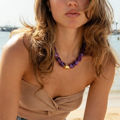 Chunky Colorful Beaded Choker Necklace for Women, Summer Beach Statement Resin Beads Necklace, Trendy Womens Summer Beach Jewelry Birthday Gifts for Vacation Holiday - color: Square Dark Purple Bead