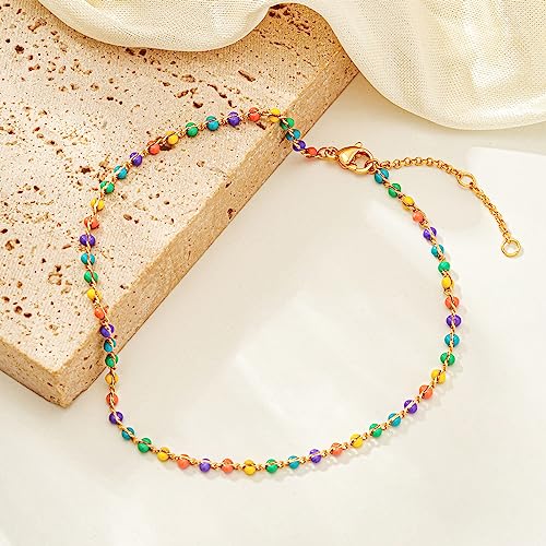 Gold Anklets for Women 14K Gold Plated Tiny Bead Anklet Colorful Tassel Foot Chain Dainty Adjustable Cute Summer Beach Boho Anklets Jewelry Gift - color: colorful beads