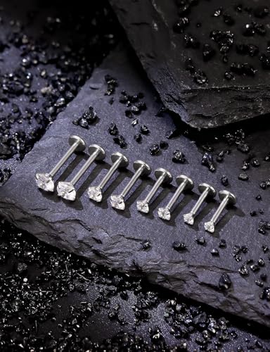 18G 16G Internal Thread Flat Back Nose Stud Earrings Surgical Steel Conch Tragus Cartilage Medusa Monroe Labret Lip Rings Piercing Jewelry for Women Men CZ Silver Black Gold Hypoallergenic - color: Silver, size: 16g