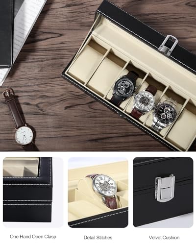 Uten Watch Box 6 Slots, Watch Storage Display with Glass Lid - color: Black + Beige, size: 6 Slots