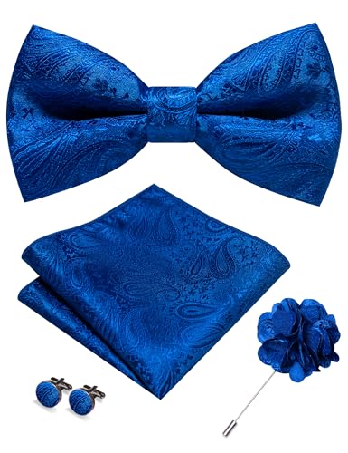 JEMYGINS Mens Paisley Bow Tie and Lapel Pin Necktie Pocket Square and Tie Clip with Sets for Business Casual 4PCS - color: Royal Blue