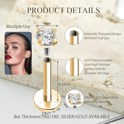 GAGABODY G23 Titanium 16G 6/8/10mm Clear CZ/Opal Internally Threaded Labret Monroe Lip Studs 6mm Helix Cartilage Tragus Earring Piercing - color: 16G-2Pcs-Gold-Length:8mm CZ:3mm