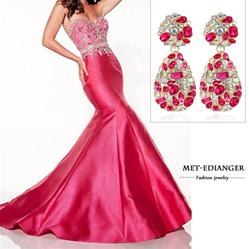 Rhinestone Statement Earrings Teardrop Costume Earrings Cluster Crystal Chandelier Drop Dangle Earrings for Women - color: Rose Red