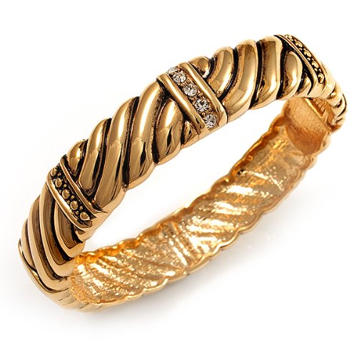 Avalaya Gold Plated Rope -Textured Crystal Hinged Bangle Bracelet