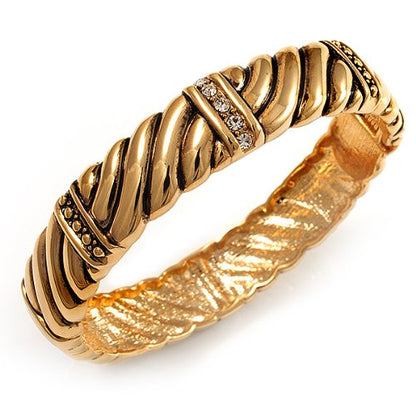 Avalaya Gold Plated Rope -Textured Crystal Hinged Bangle Bracelet