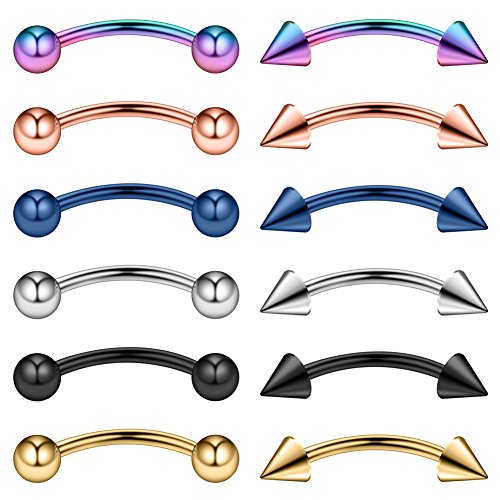 12PCS 12G Surgical Steel PA Eyebrow Ear Navel Belly Lip Ring Body Piercing Jewelry - style: 16mm w Balls & Spikes