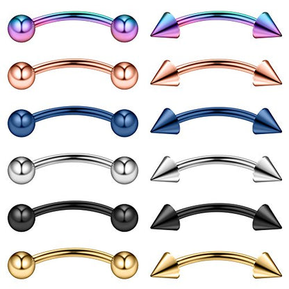 12PCS 12G Surgical Steel PA Eyebrow Ear Navel Belly Lip Ring Body Piercing Jewelry - style: 16mm w Balls & Spikes