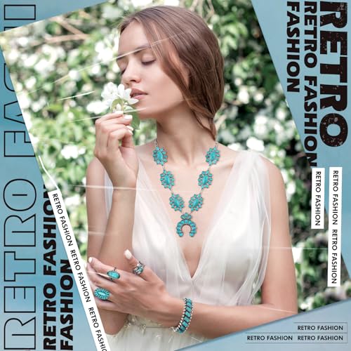 Ecally Bohemian Western Jewelry Turquoise Set Women Country Pendant Long Choker Layered Bracelets Earrings Ring for Women - color: Turquoise, style: Vibrant