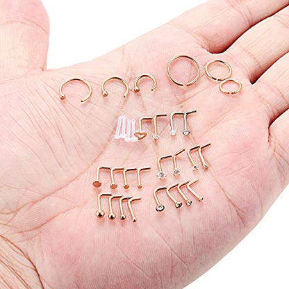 SCERRING 18G Stainless Steel L-Shaped Nose Stud Rings Tragus Lip Hoop Piercing Jewelry 1.5-3mm Clear CZ 8-30PCS - color: 30PCS - Rose Gold