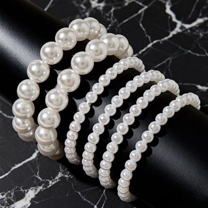 6Pcs White Pearl Bracelets for Women, Stretch Faux Pearl Bracelets, Elastic Pearl Beaded Bracelets, Stackable Pearl Bracelet Set for Women Bridal Bridesmaid Wedding Party Gifts