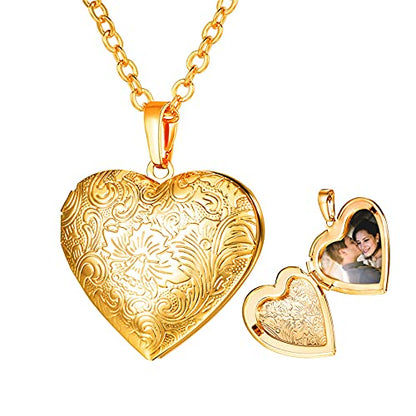 U7 Custom Photo Locket Necklace - Oval & Heart Shaped Locket - Gold/Silver/Rose Gold Personalized Image Necklaces for Women - color: 02-Gold Flower Heart, style: a. locket only