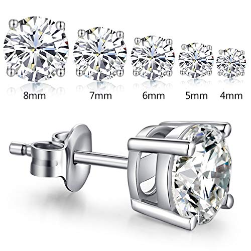 Sparkling 925 Sterling Silver Round Cut 5A+ Cubic Zirconia CZ Stud Earrings Hypoallergenic Earrings for Women/Men 4MM-8MM - color: A: Silver, size: 5mm
