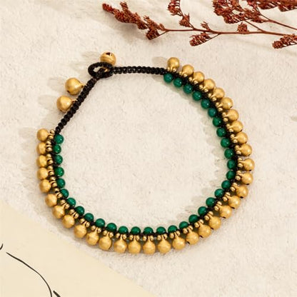 Jingling Round Stone Brass Anklet Bracelet Handmade Boho Ankle Bracelets for Women Minimalist Jewelry - color: green