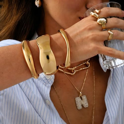 Chunky Gold Bangle Bracelets for Women Trendy 14K Gold Plated Cuff Bracelets Stack, Dainty Gold Bracelet Sets Non Tarnish Fashion Jewelry Gift - style: Gold-3pc-010