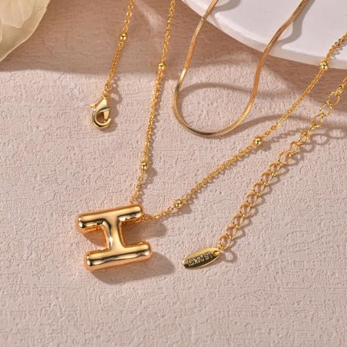 LUCA SMITH 2-Piece Initial Necklaces for Women, Dainty Balloon Bubble A-Z Letter Necklace Set, Name Letter Alphabet Pendant Layered Choker Necklaces Personalized Jewelry Gift - color: Gold bubble letter necklace, style: Initial Set-H