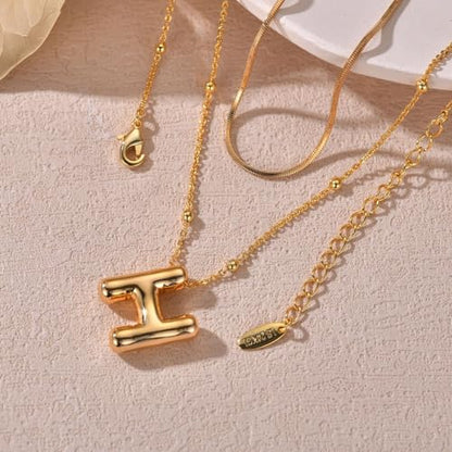 LUCA SMITH 2-Piece Initial Necklaces for Women, Dainty Balloon Bubble A-Z Letter Necklace Set, Name Letter Alphabet Pendant Layered Choker Necklaces Personalized Jewelry Gift - color: Gold bubble letter necklace, style: Initial Set-H