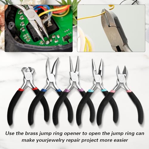 5 Pcs Jewelry Making Pliers Tools with Needle/Chain Nose Pliers, wire cutters Round Nose, Bent Nose-Matte Handle,jewelry making supplies for adults - style: 5pcs - Black