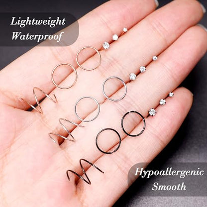 22G 18Pcs G23 Titanium Nose Rings Hoops for Sensitive Skin Double Nose Rings L Shaped Nose Studs Hypoallergenic Nose Piercings Jewelry - color: Silver+Rose gold+Black