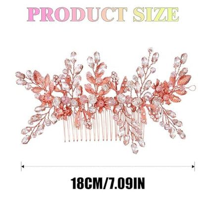 Rhinestone Wedding Hair Comb Gold Floral Bridal Hair Piece Crystal Hair Accessories for Women (Rosegold) - color: Rosegold